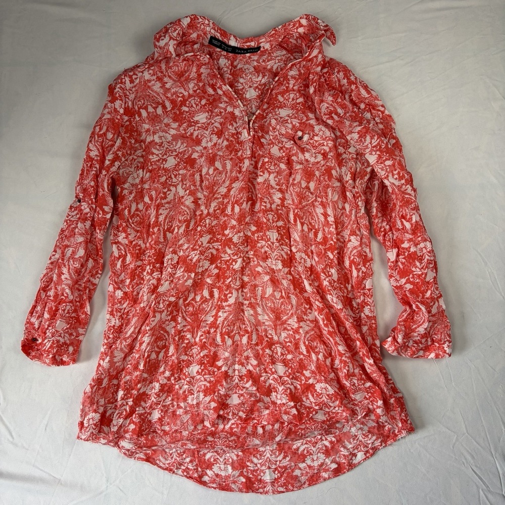 Zara Basics Floral Blouse Women's Size Medium Coral-‎ White Long Sleeve